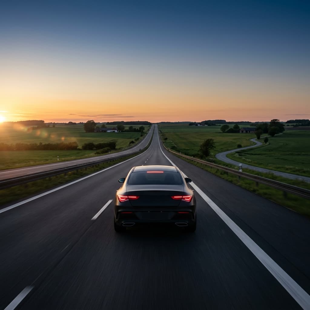 MC på dansk motorvej ved solnedgang