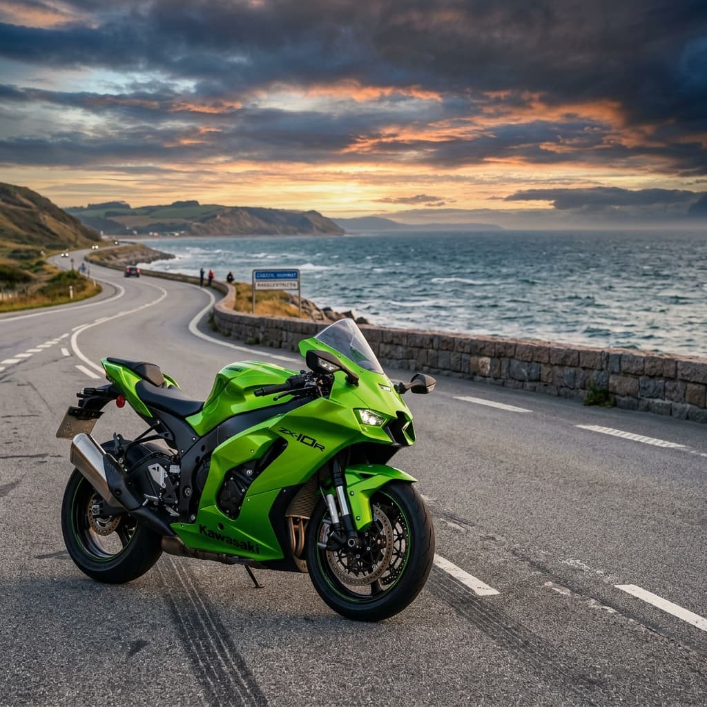 MC på dansk motorvej ved solnedgang